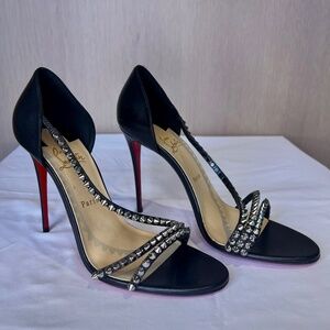 Christian Louboutin Black Studded Open-Strap Stiletto Heels with Red Soles